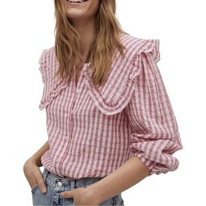 MANGO Babydoll Gingham plaid cotton buttoned shirt blouse red white Sz 10